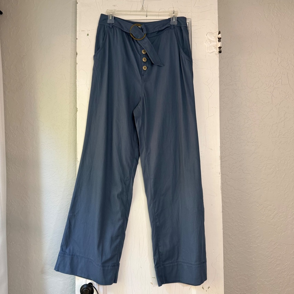 Anthropologie Blue Wide Leg Belted Button Front Pants Size 10 High Rise Cotton